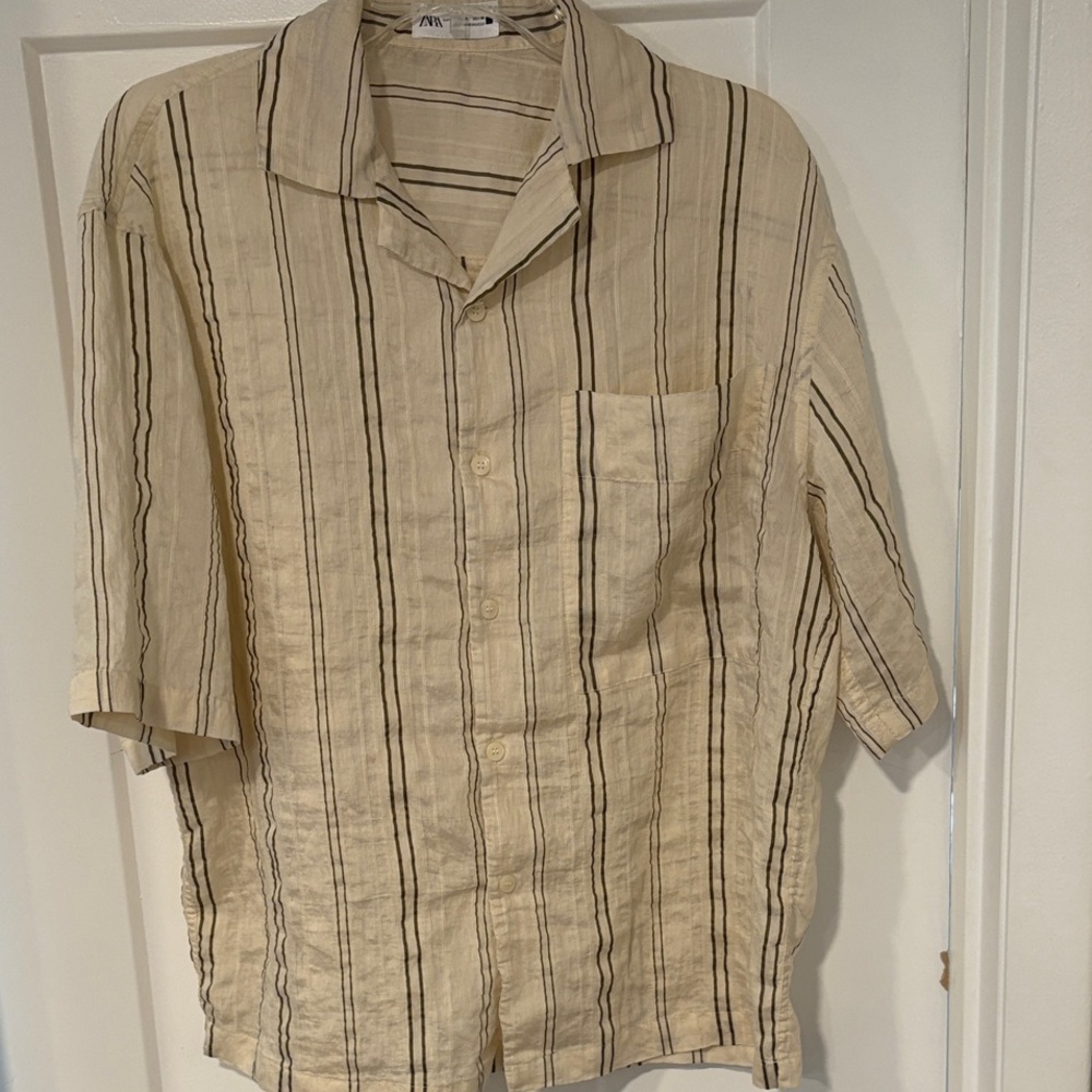 Zara Men's Beige Shirt with Green Stripes